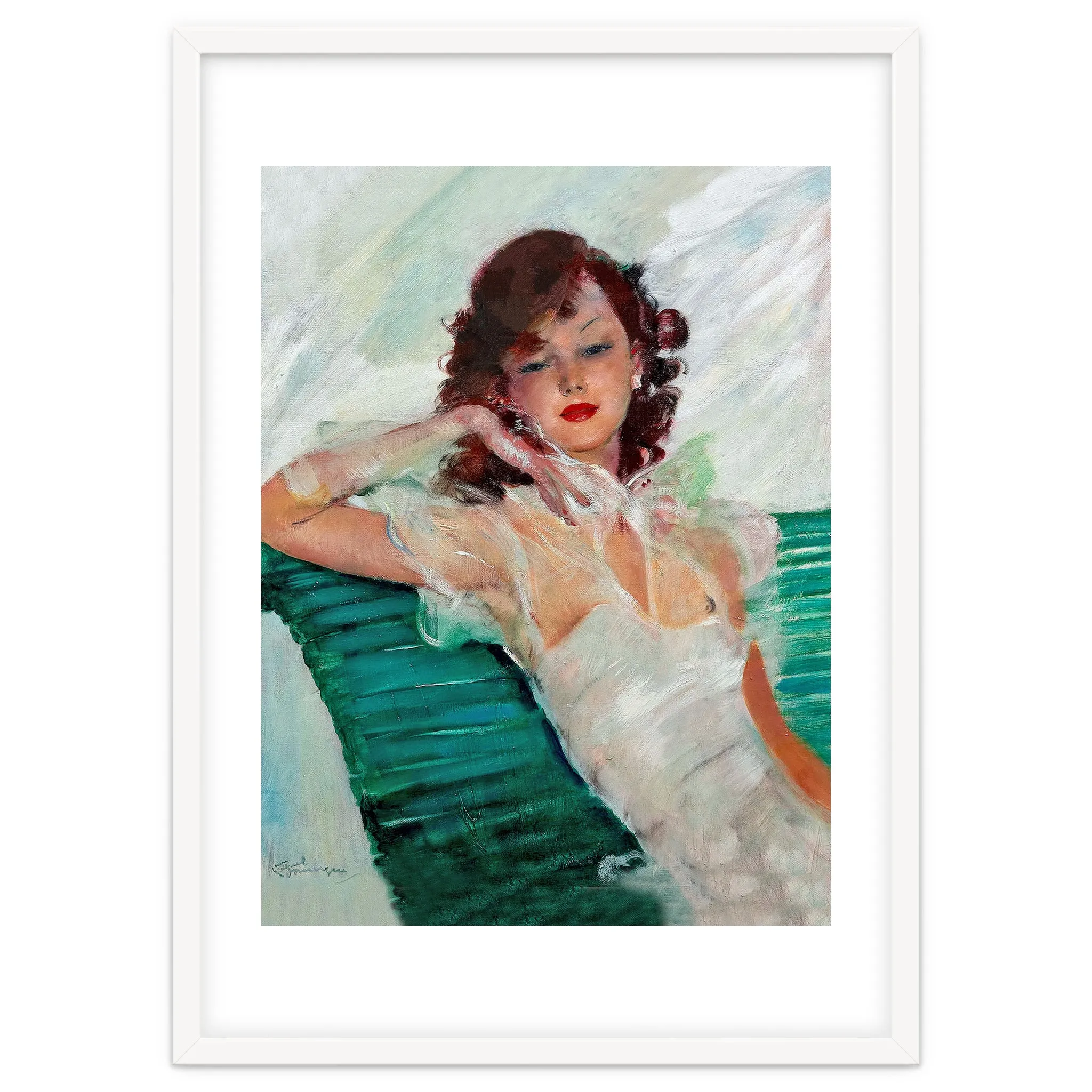 Girl Is Resting On A Green Bench, Watercolor Painting