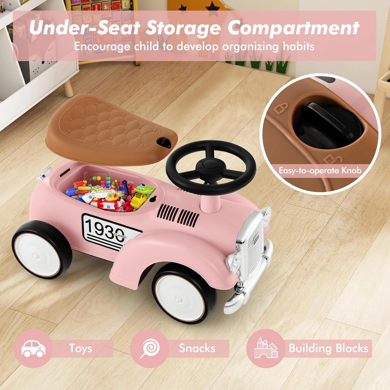 GLACER Push Car, Kids Ride-on w/Steering Wheel, Air Horn & Under Seat Storage, No Batteries Foot-to-Floor Sliding Car, Ride-on Toys for Toddlers 18-36 Months, Gift for Boys & Girls (Pink)