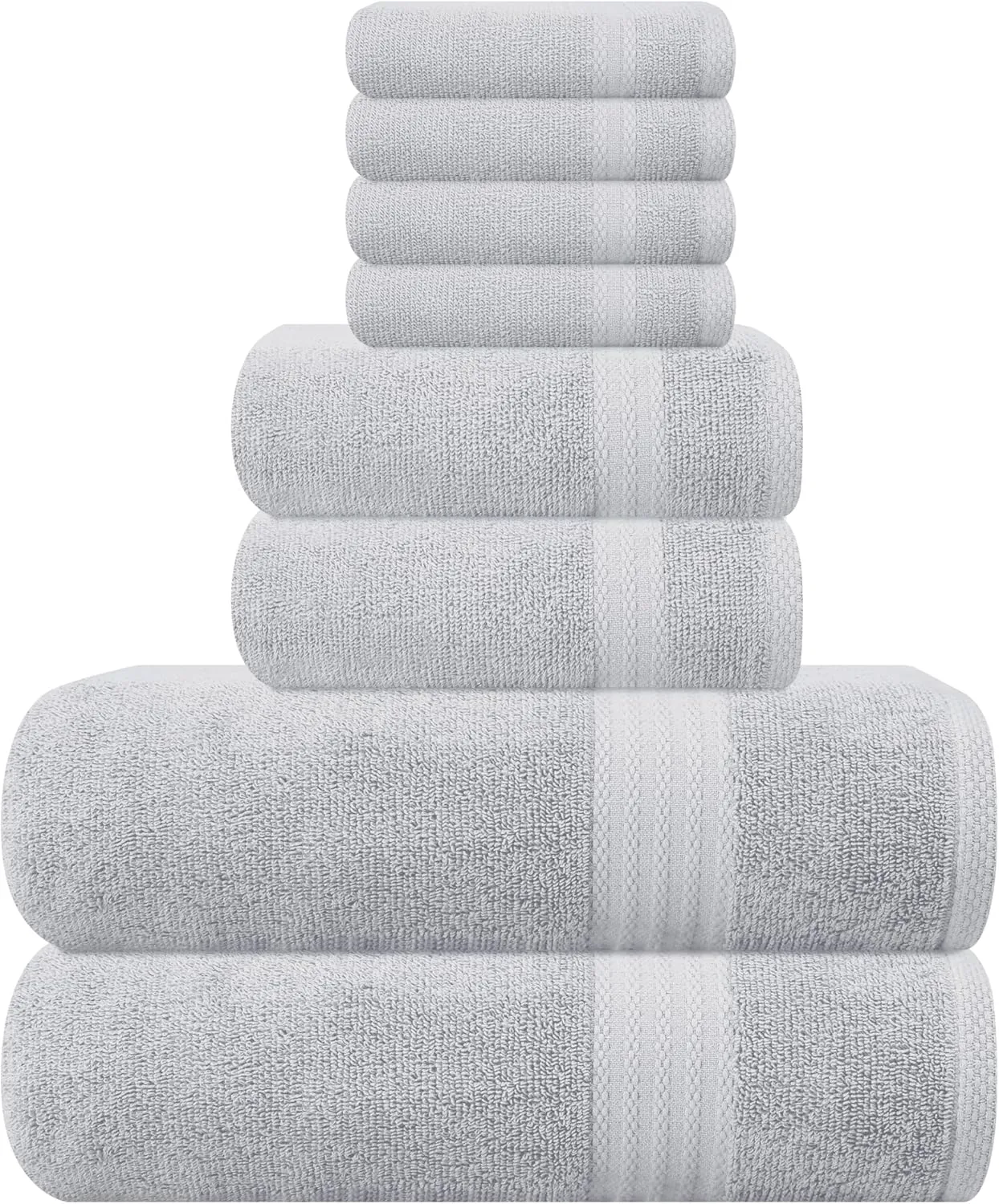 GLAMBURG Ultra Soft 8 Piece Towel Set - 100% Pure Ring Spun Cotton, Contains 2 Oversized Bath Towels 27x54, 2 Hand Towels 16x28, 4 Wash Cloths 13x13 - Ideal for Everyday use, Hotel & Spa - Light Grey