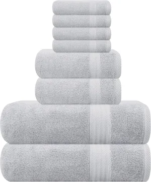 GLAMBURG Ultra Soft 8 Piece Towel Set - 100% Pure Ring Spun Cotton, Contains 2 Oversized Bath Towels 27x54, 2 Hand Towels 16x28, 4 Wash Cloths 13x13 - Ideal for Everyday use, Hotel & Spa - Light Grey