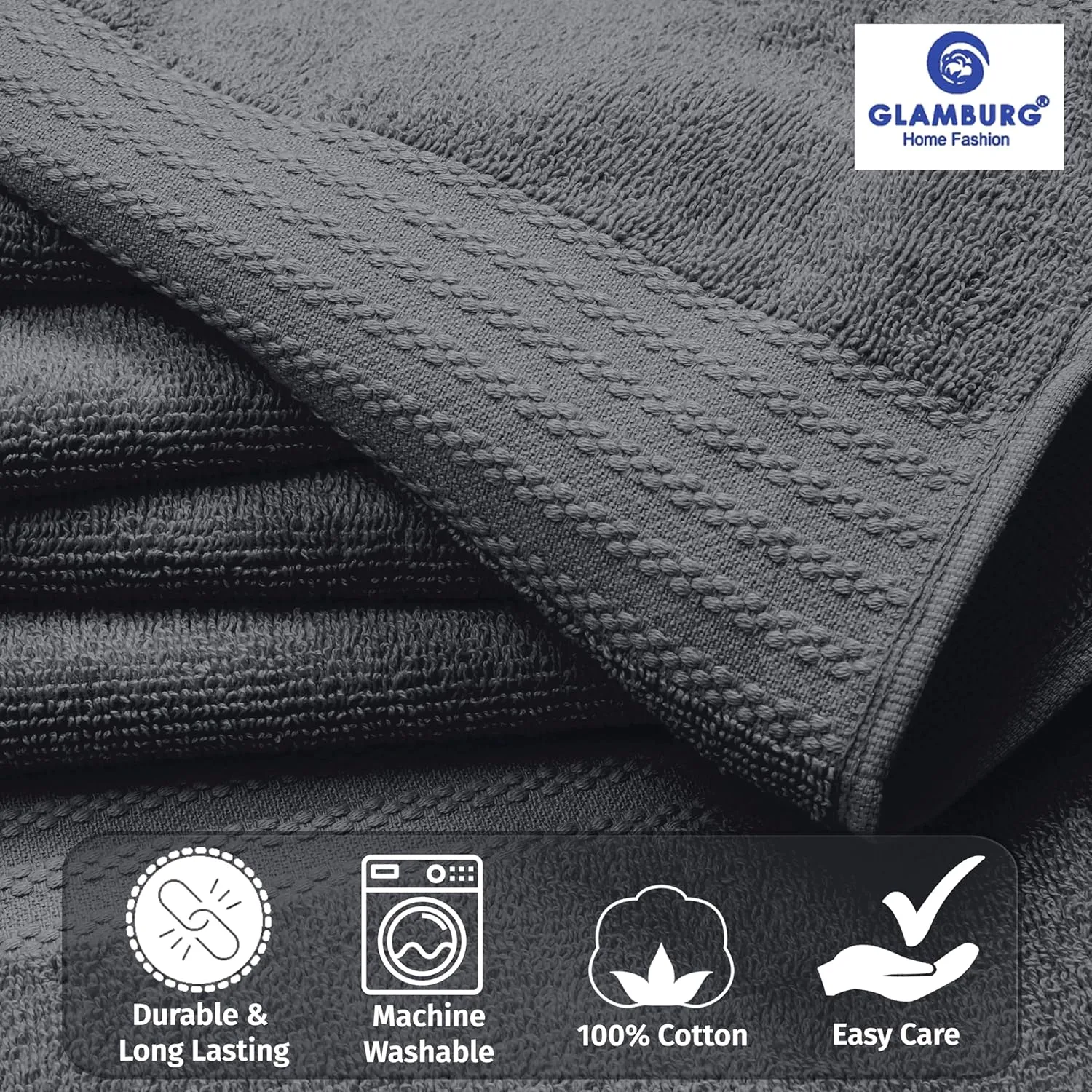 GLAMBURG Ultra Soft 8-Piece Towel Set - 100% Pure Ringspun Cotton, Contains 2 Oversized Bath Towels 27x54, Hand 16x28, 4 Wash Cloths 13x13 Ideal for Everyday use, Hotel & Spa -Charcoal Grey