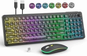 GLB Wireless Keyboard and Mouse Combo, RGB Backlit Rechargeable Full-Size Sleep Mode Clear keycap and Light, 2.4GHz Quiet Ergonomic Keyboard Mouse for Computer Laptop PC Mac Windows (Black)