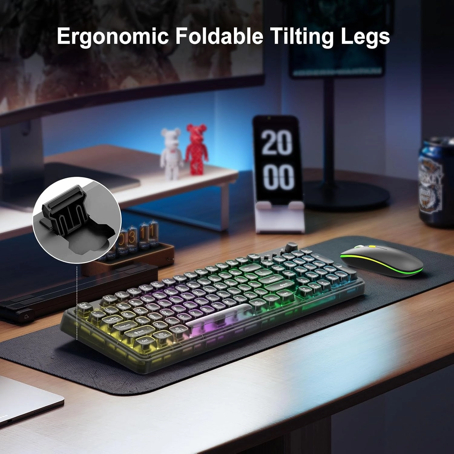 GLB Wireless Keyboard and Mouse Combo, RGB Backlit Rechargeable Full-Size Sleep Mode Clear keycap and Light, 2.4GHz Quiet Ergonomic Keyboard Mouse for Computer Laptop PC Mac Windows (Black)