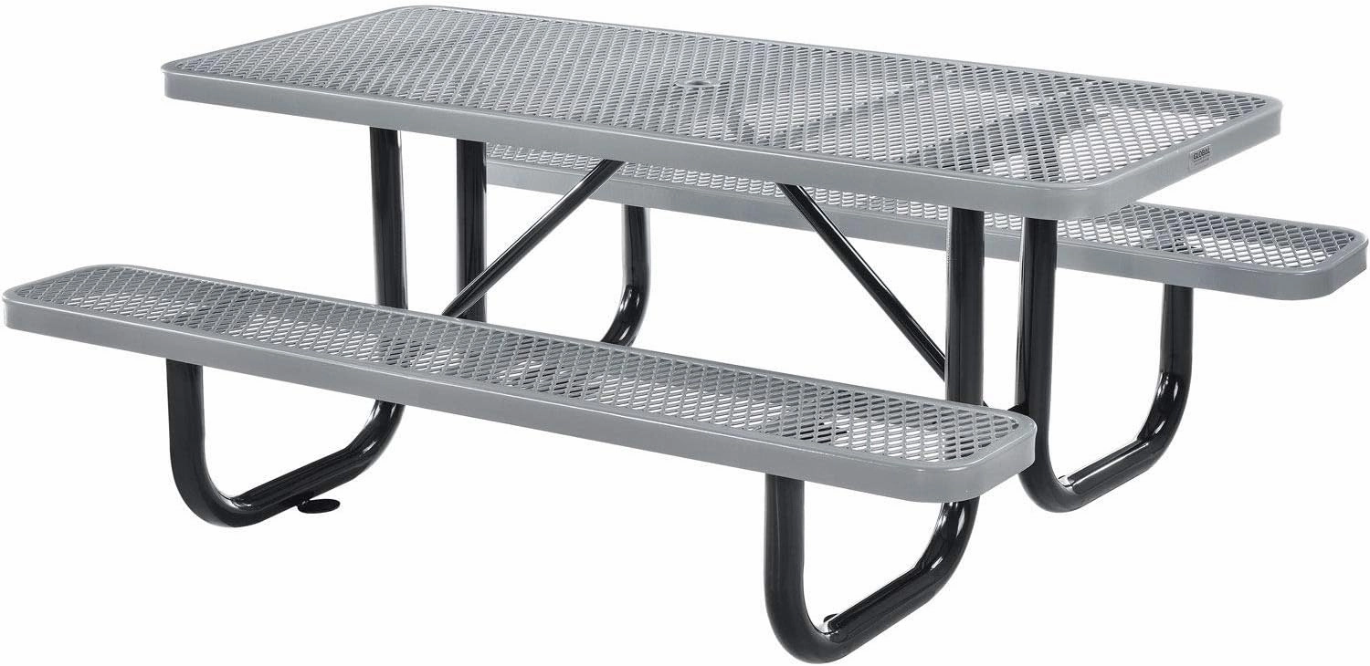 Global Industrial 6’L Rectangular Picnic Table, Expanded Metal, Gray Thermoplastic Coating, Attached Benches, 1-1/2” Umbrella Pole Hole, Outdoor-Rated, 1000 lb Capacity, 72” x 30” Tabletop
