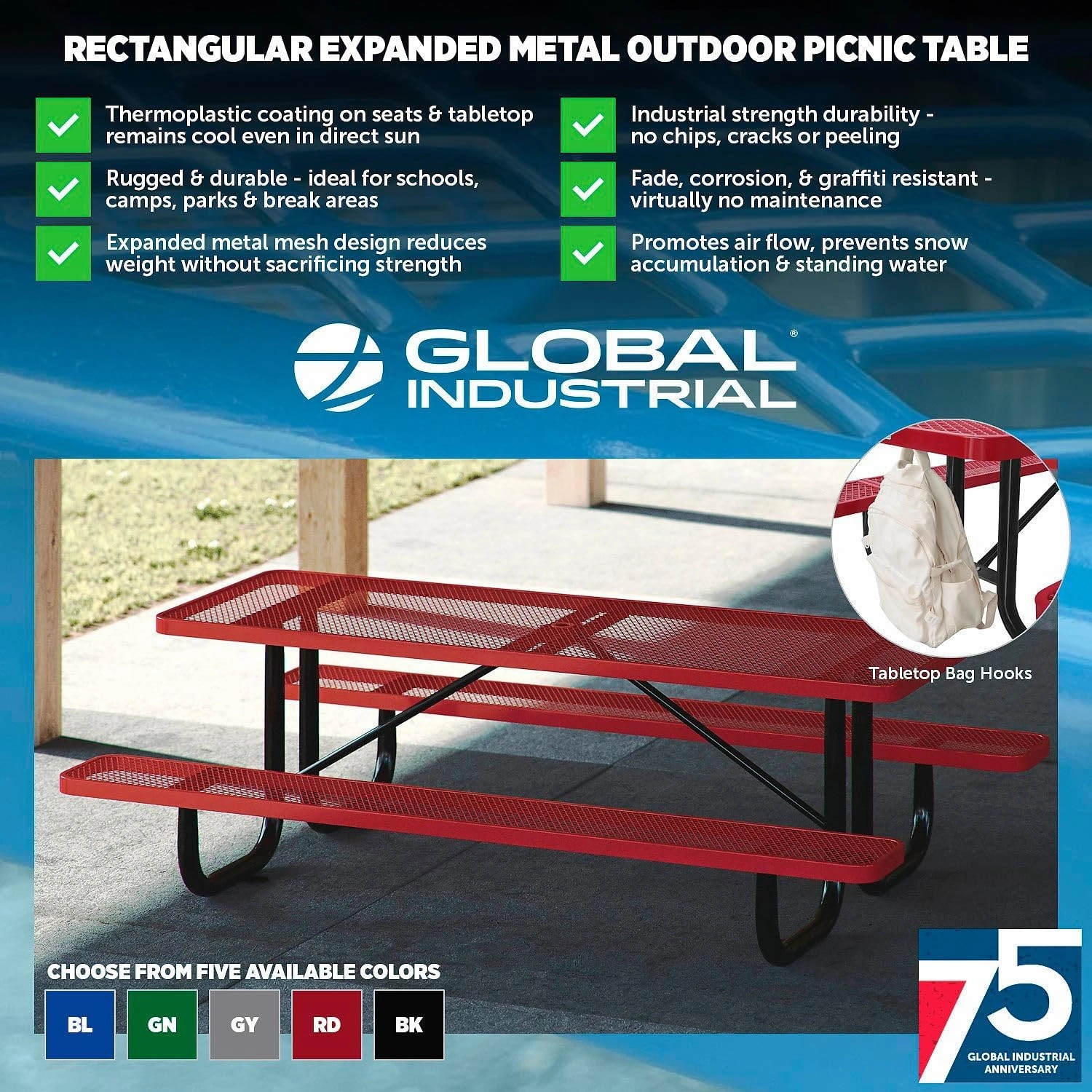 Global Industrial 6’L Rectangular Picnic Table, Expanded Metal, Gray Thermoplastic Coating, Attached Benches, 1-1/2” Umbrella Pole Hole, Outdoor-Rated, 1000 lb Capacity, 72” x 30” Tabletop