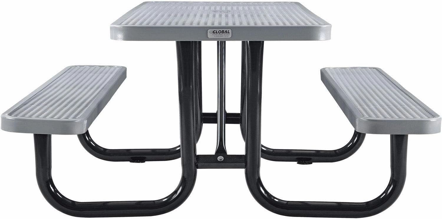 Global Industrial 6’L Rectangular Picnic Table, Expanded Metal, Gray Thermoplastic Coating, Attached Benches, 1-1/2” Umbrella Pole Hole, Outdoor-Rated, 1000 lb Capacity, 72” x 30” Tabletop
