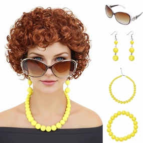 GNIMEGIL Mrs Roper Costume Auburn Curly Wig Set with Glasses, Necklace, Bracelet & Earrings Ice Spice Girls Cosplay Halloween Theme Parties
