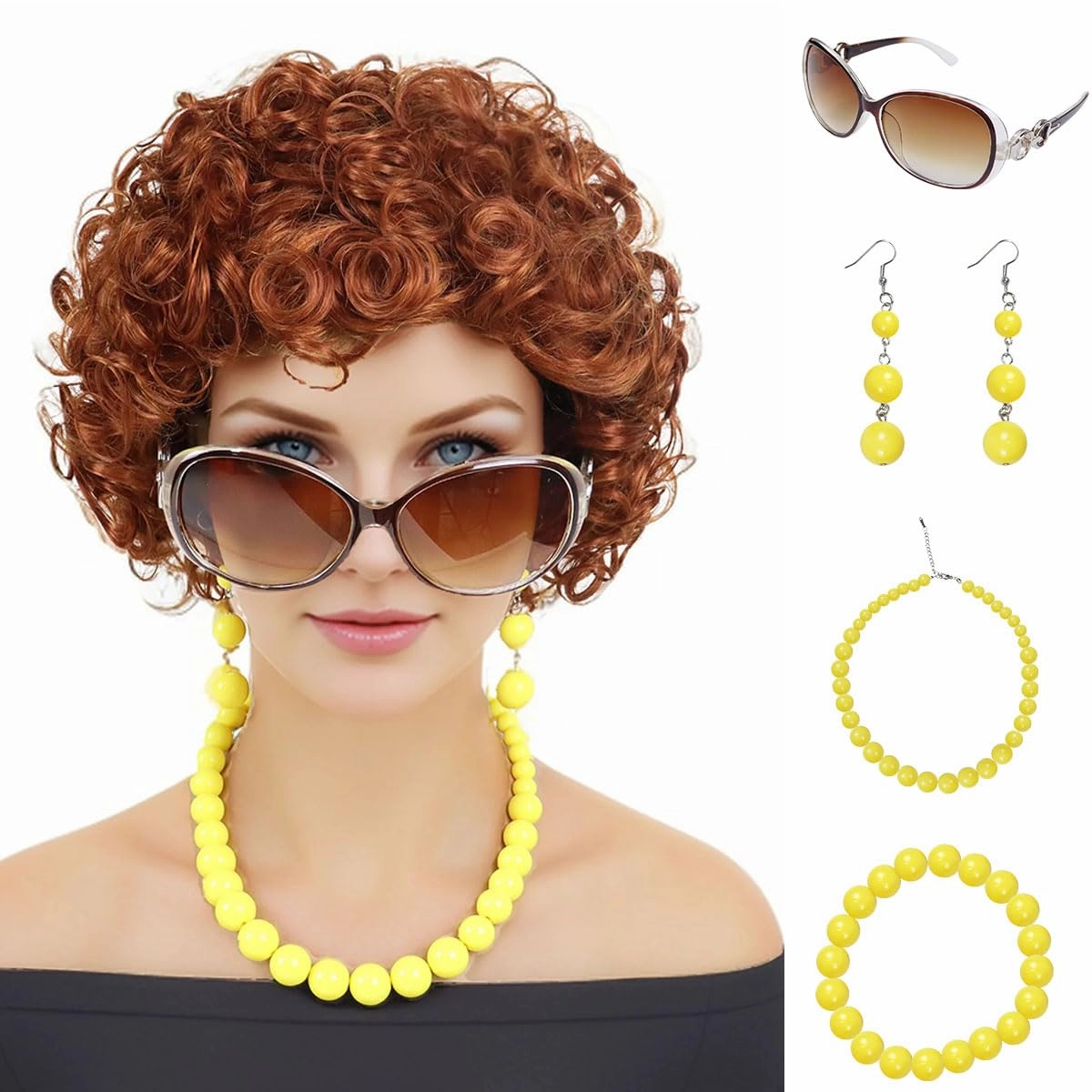 GNIMEGIL Mrs Roper Costume Auburn Curly Wig Set with Glasses, Necklace, Bracelet & Earrings Ice Spice Girls Cosplay Halloween Theme Parties
