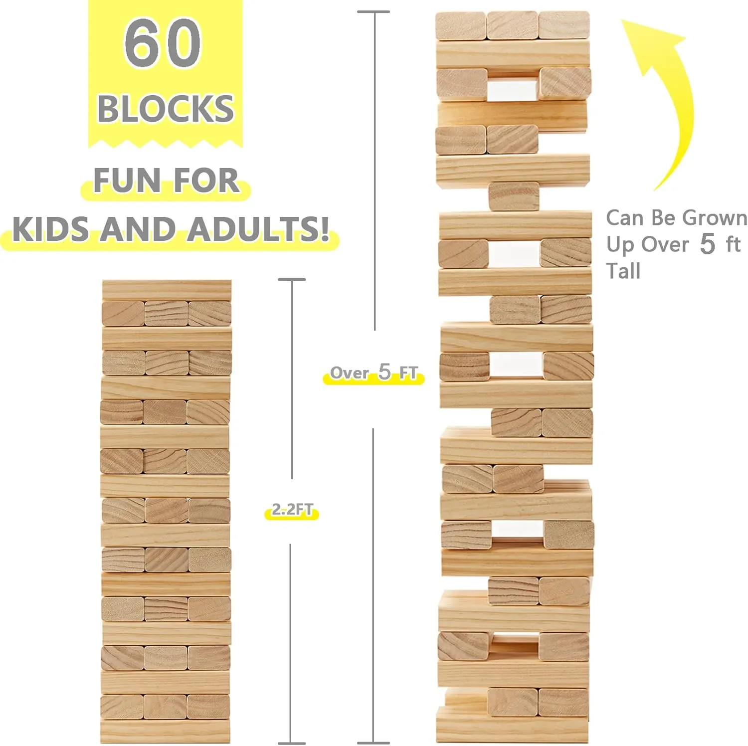 GOROCK Giant Tumble Tower, Indoor Outdoor Stacking Timber Games for Kids Adults Family, 60 PCS Wooden Block Building Family Game for Halloween Christmas Birthday(Stacks Up to 5 FT)