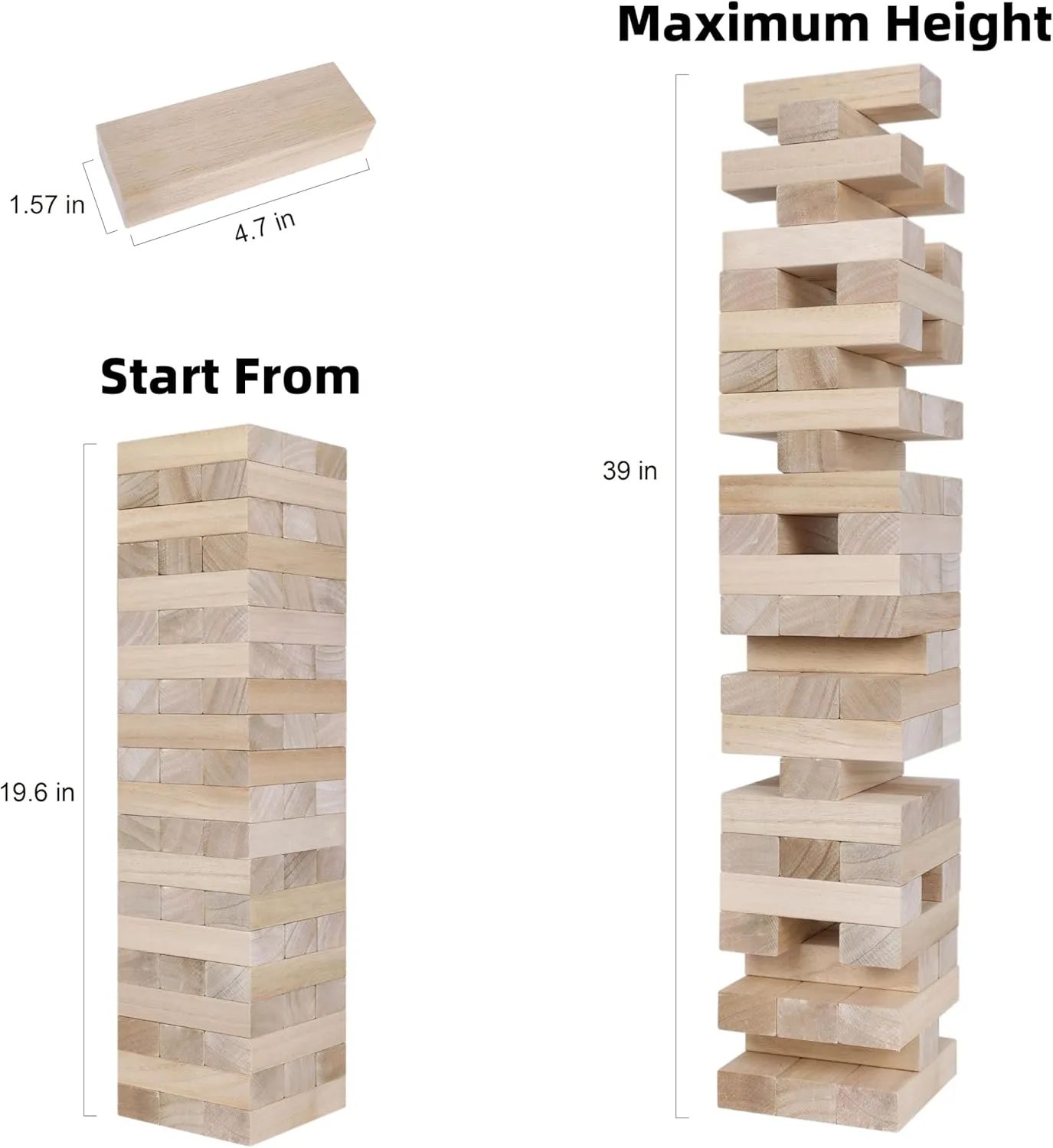 GOTHINK Giant Tumble Tower Game, Large Tumbling Tower Stack to Over 3.2 FT 60pcs Wooden Jumbo Blocks for Outside Yard Games with Carry Case Timber Stacking Game Night Toy Gift for Kids Adults Family