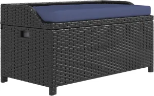 GOWE Outdoor Wicker Storage Bench Deck Box, PE Rattan Patio Furniture Pool Storage Bin Container with Interior Waterproof Cloth Bag and Comfortable Cushion, Navy Blue