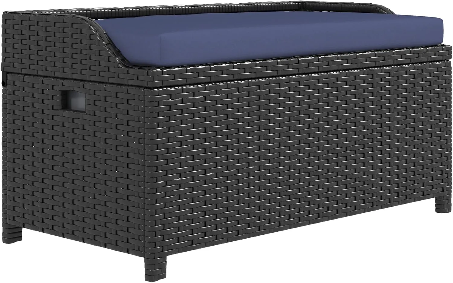GOWE Outdoor Wicker Storage Bench Deck Box, PE Rattan Patio Furniture Pool Storage Bin Container with Interior Waterproof Cloth Bag and Comfortable Cushion, Navy Blue