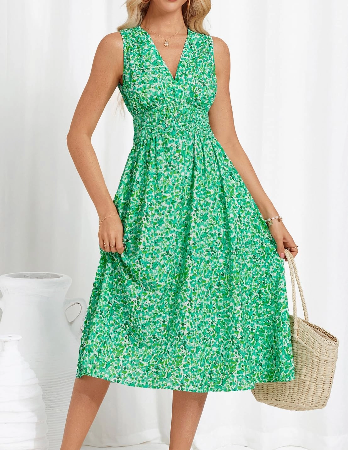 GRACE KARIN Women's 2025 Casual Summer Tank Dress V Neck Sleeveless Midi Floral Beach Dress with Pockets