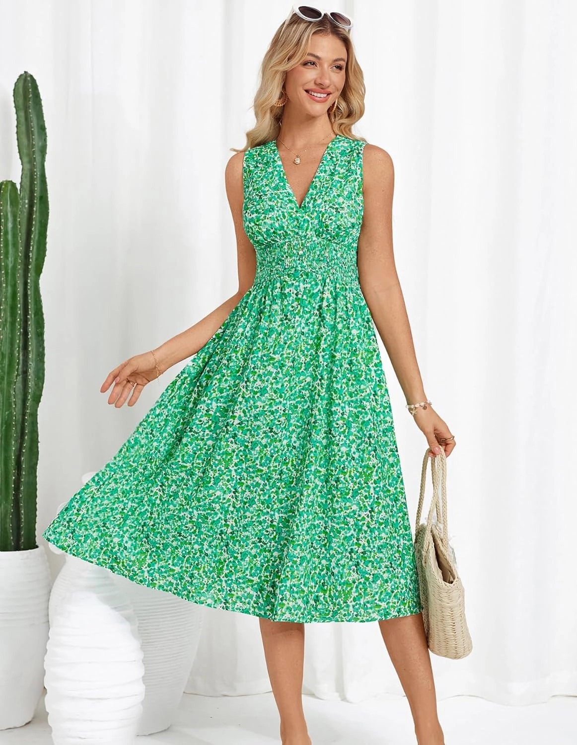 GRACE KARIN Women's 2025 Casual Summer Tank Dress V Neck Sleeveless Midi Floral Beach Dress with Pockets