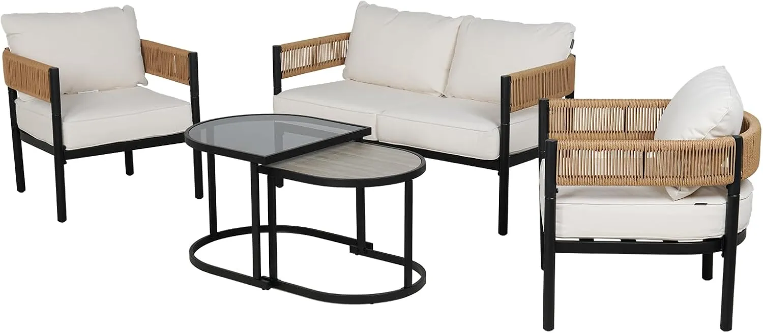 Grand patio 5-Piece Outdoor Furniture Set with Thick Cushions and Coffee Table, Wicker Sofa Conversation Set for Backyard, Natural