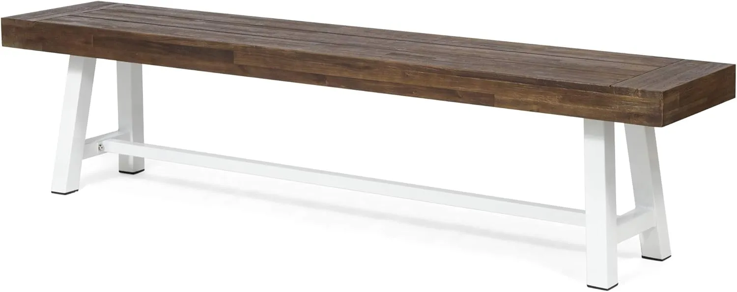 Great Deal Furniture Marian Outdoor Acacia Wood Bench, Sandblast Dark Brown and White Metal