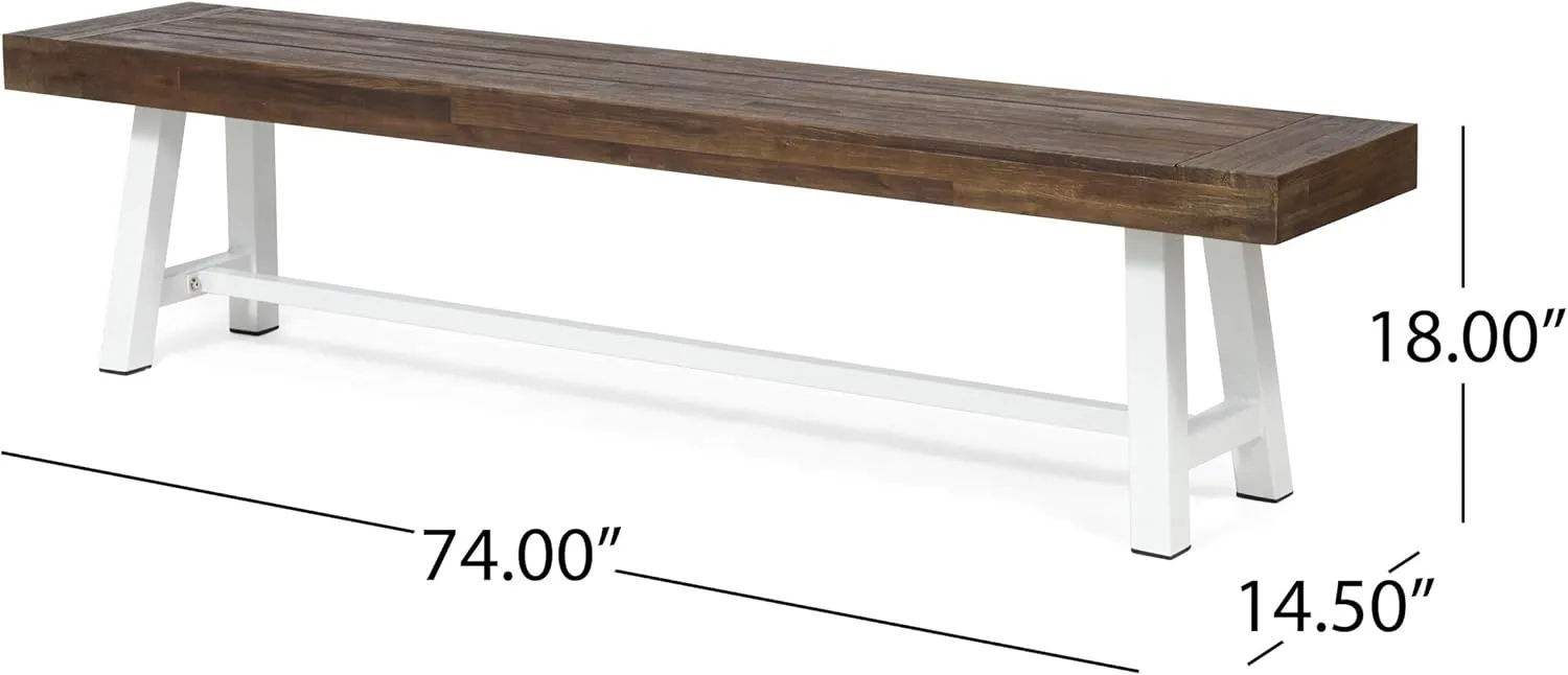 Great Deal Furniture Marian Outdoor Acacia Wood Bench, Sandblast Dark Brown and White Metal