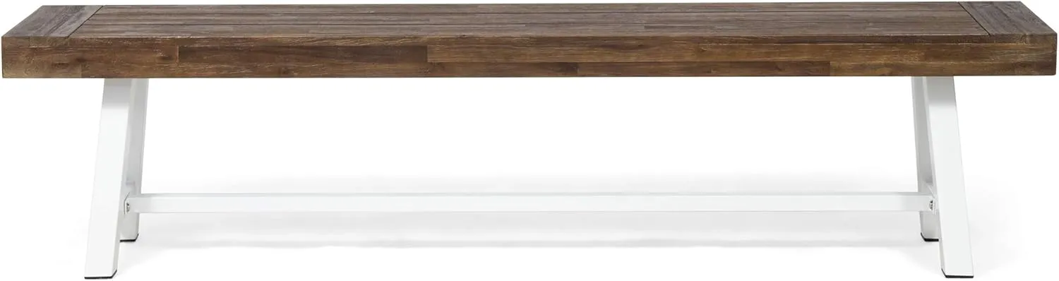 Great Deal Furniture Marian Outdoor Acacia Wood Bench, Sandblast Dark Brown and White Metal