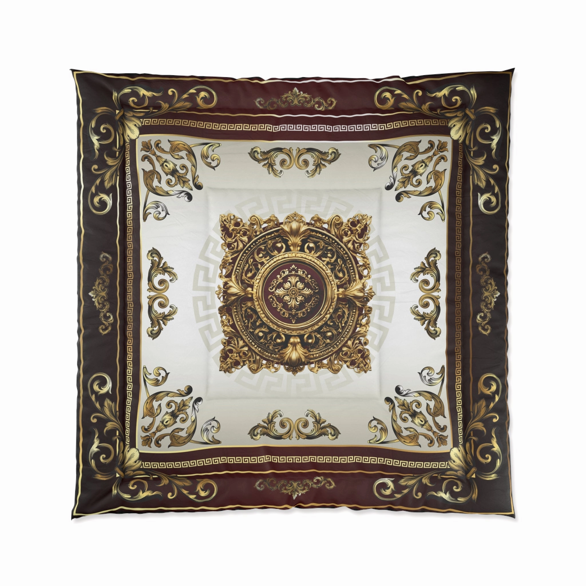 Greek Key Gold Maroon Cream Ornate Comforter