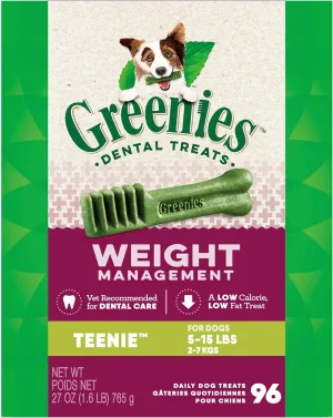 Greenies Weight Management Teenie Natural Dog Dental Care Chews Weight Control Dog Treats, 27 oz. Pack (96 Treats)