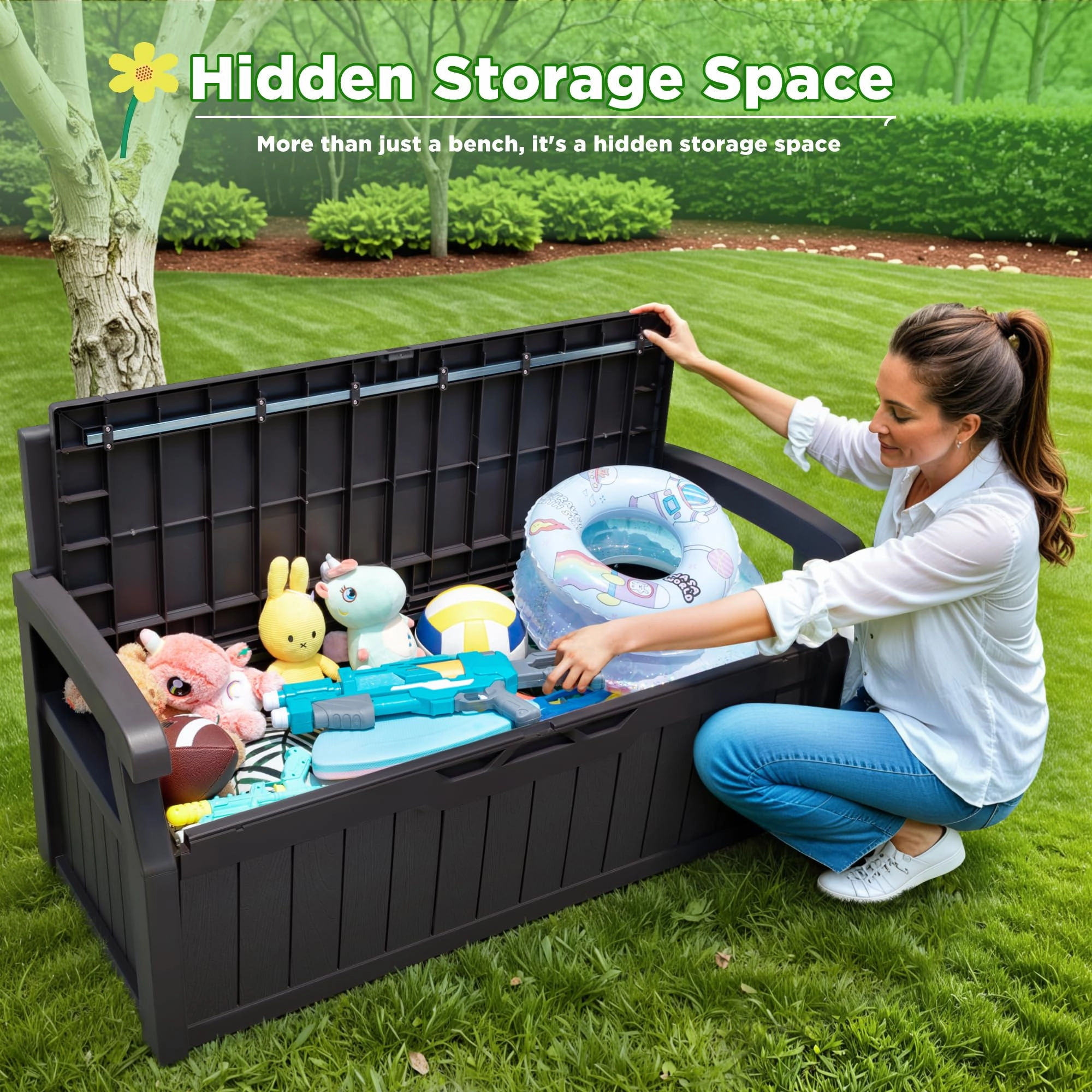 Greesum 70 Gallon Outdoor Storage Deck Box with Armrest Bench Lockable, Waterproof and UV Resistant, Suitable for Garden, Pool, Patio, Brown