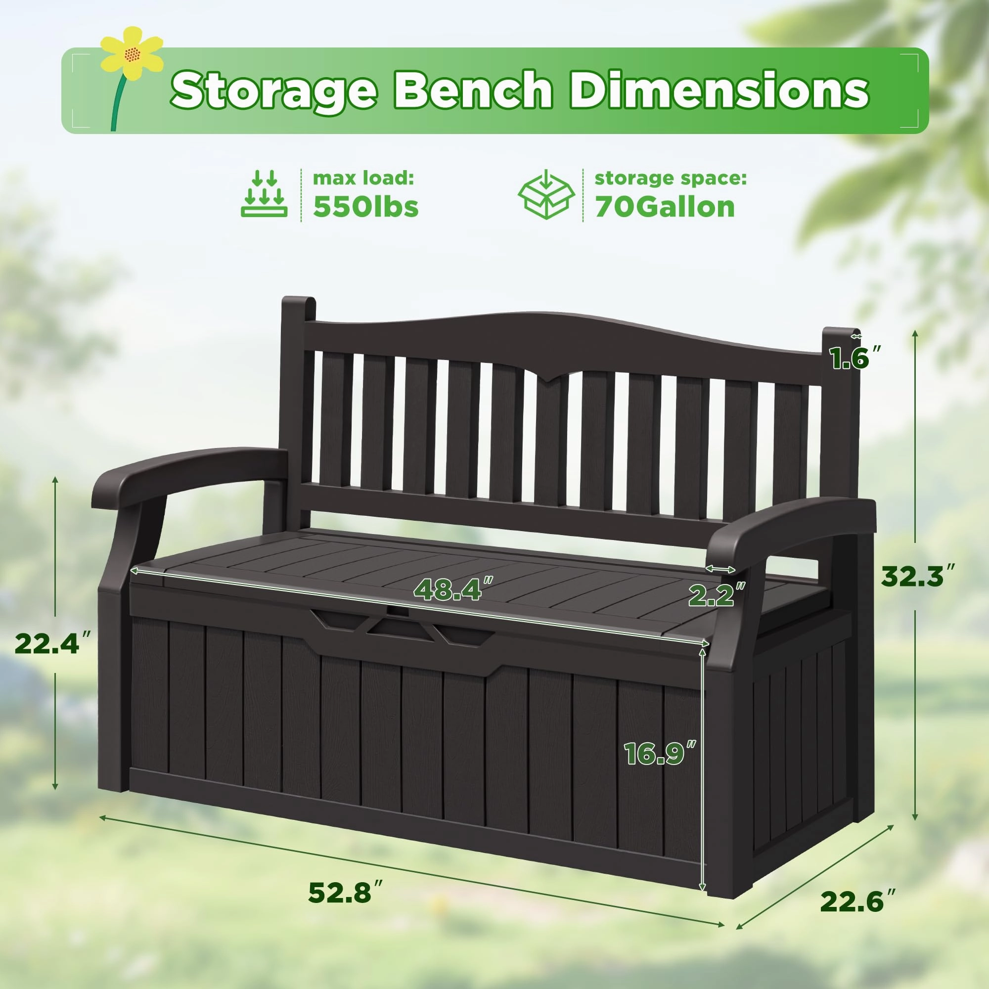 Greesum 70 Gallon Outdoor Storage Deck Box with Armrest Bench Lockable, Waterproof and UV Resistant, Suitable for Garden, Pool, Patio, Brown