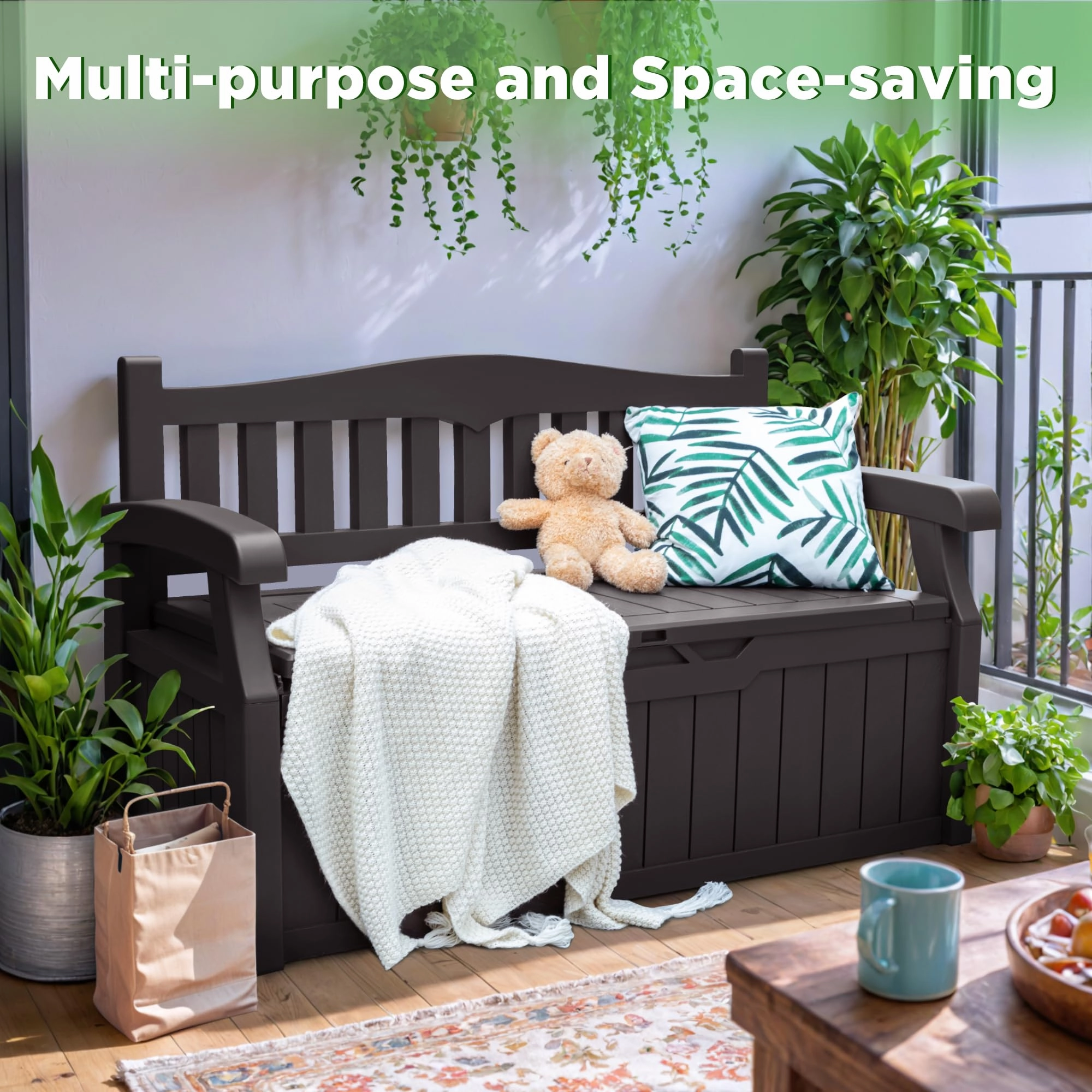 Greesum 70 Gallon Outdoor Storage Deck Box with Armrest Bench Lockable, Waterproof and UV Resistant, Suitable for Garden, Pool, Patio, Brown