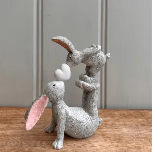 Grey Kissing Bunnies Figure with Heart