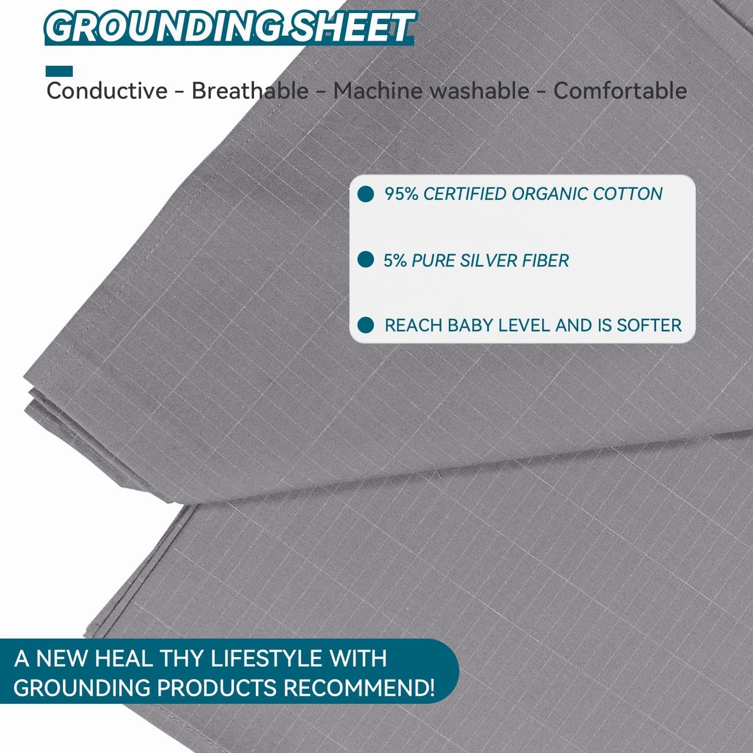 Grounding Sheets - 95% Nature Cotton  5% Silver Fiber - With Grounding Cord, Keep Good Sleep - Natural Healthy (35"x 90", Grey)