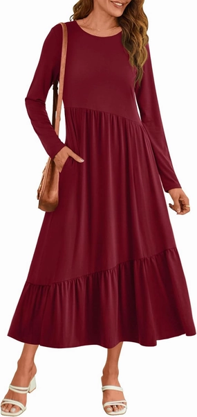 HAEOF Women's 2024 Long Sleeve Crewneck Midi Dress Pleated Tiered A Line Flowy Spring Fall Casual Dress with Pockets