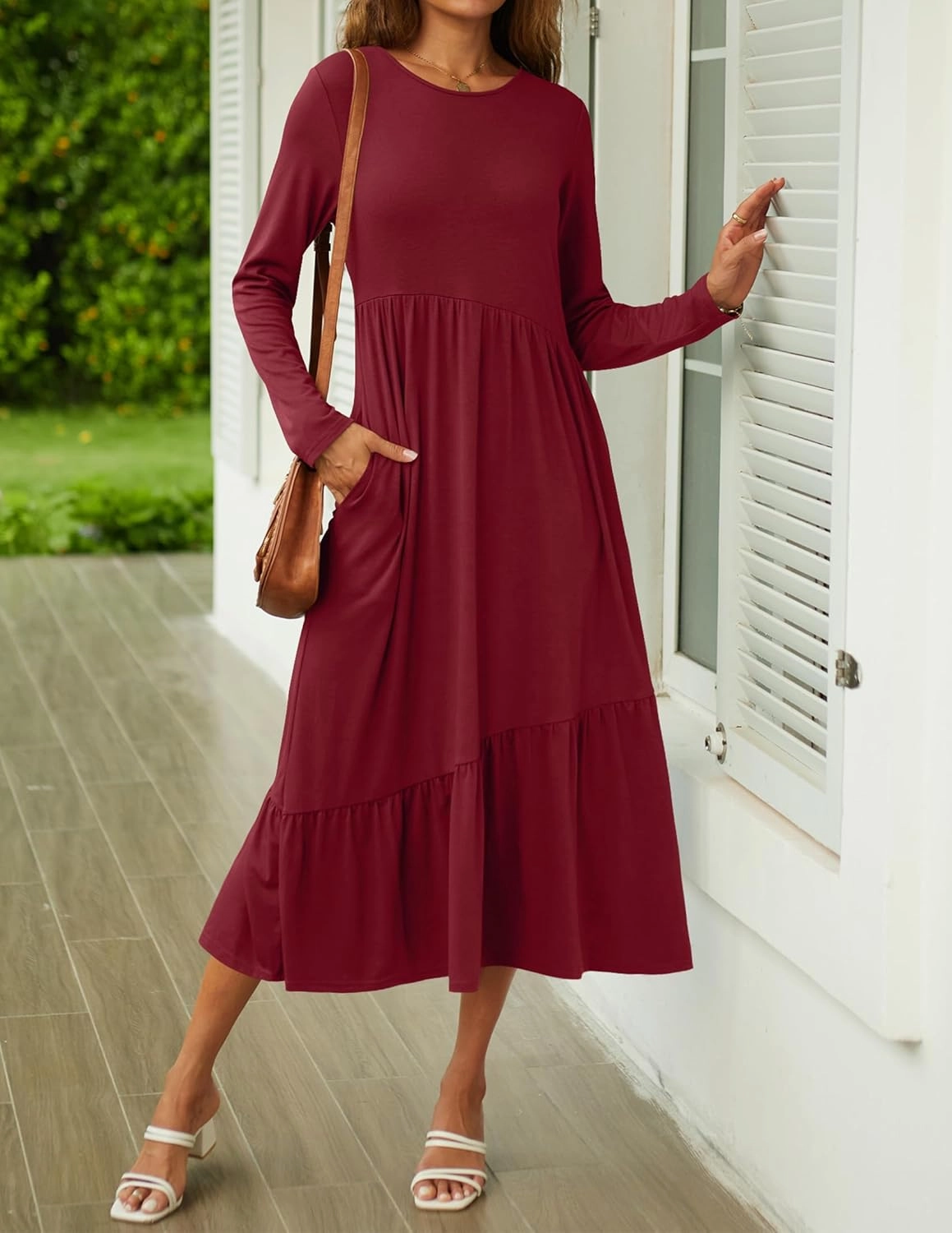 HAEOF Women's 2024 Long Sleeve Crewneck Midi Dress Pleated Tiered A Line Flowy Spring Fall Casual Dress with Pockets