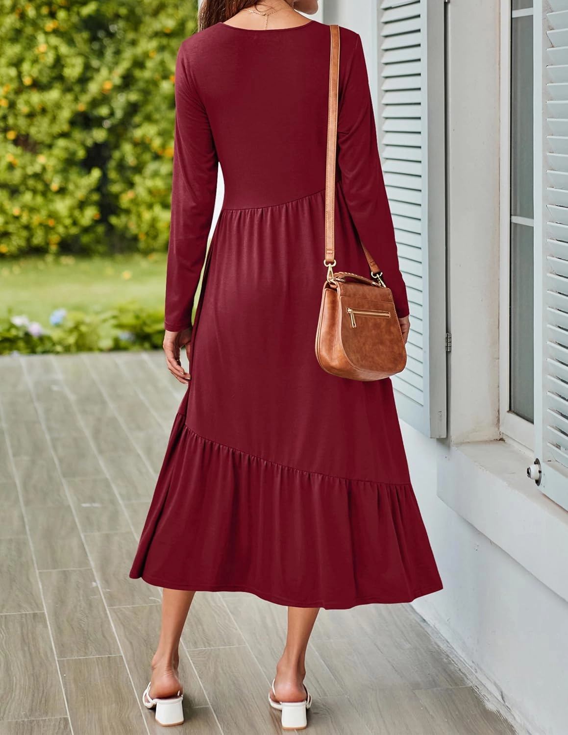 HAEOF Women's 2024 Long Sleeve Crewneck Midi Dress Pleated Tiered A Line Flowy Spring Fall Casual Dress with Pockets