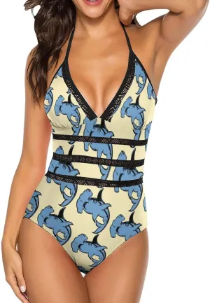 Hammerhead Shark Pattern One Piece Swimsuit Women Sexy Tummy Control Halter Bikini Push Up Bathing Suits