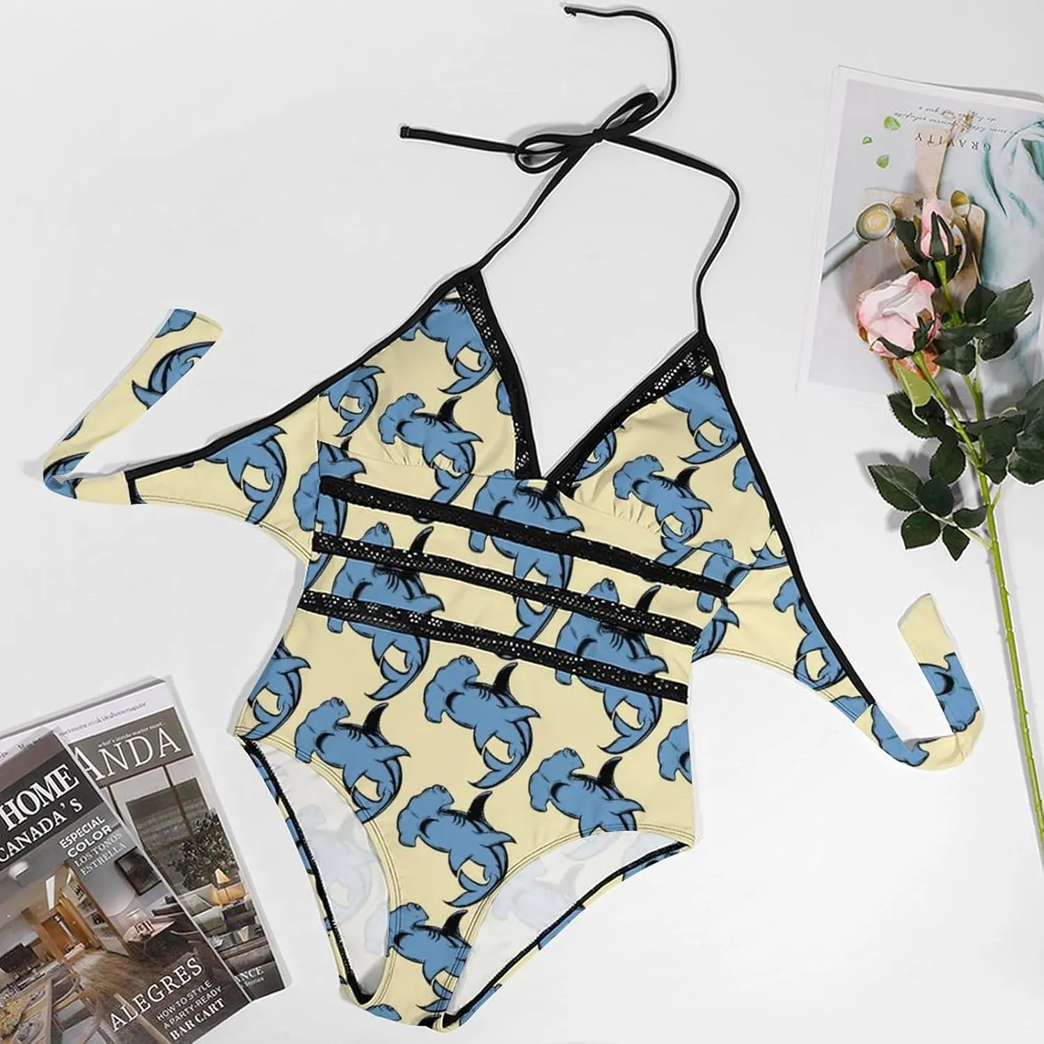Hammerhead Shark Pattern One Piece Swimsuit Women Sexy Tummy Control Halter Bikini Push Up Bathing Suits
