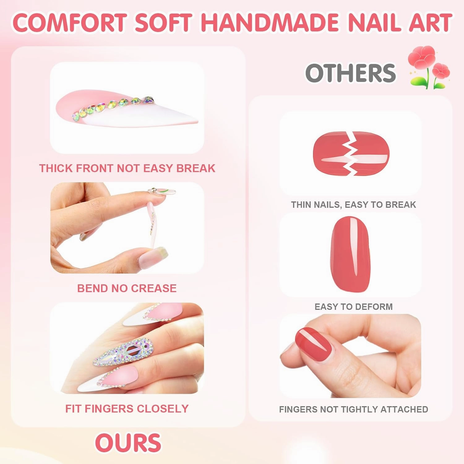 Hand Made French Tip Press On Nails Long Stiletto,10 Pcs Pre Designed Acrylic Fake Nails Press Ons Nature Stick On Nails for Wedding/Daily Wear,Luxury Glue On Nails with 3D Rhinestone-M Size
