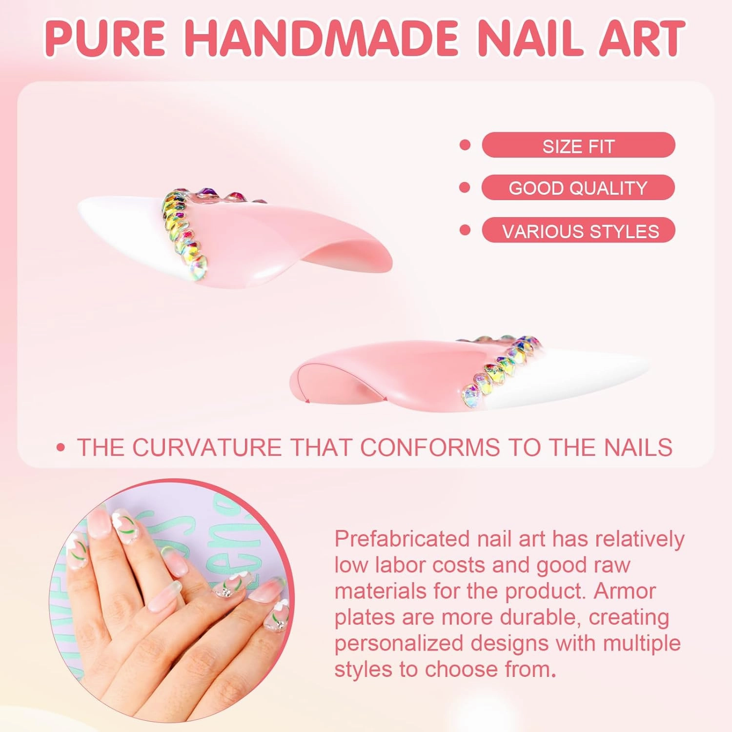 Hand Made French Tip Press On Nails Long Stiletto,10 Pcs Pre Designed Acrylic Fake Nails Press Ons Nature Stick On Nails for Wedding/Daily Wear,Luxury Glue On Nails with 3D Rhinestone-M Size