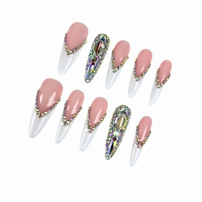 Hand Made French Tip Press On Nails Long Stiletto,10 Pcs Pre Designed Acrylic Fake Nails Press Ons Nature Stick On Nails for Wedding/Daily Wear,Luxury Glue On Nails with 3D Rhinestone-M Size