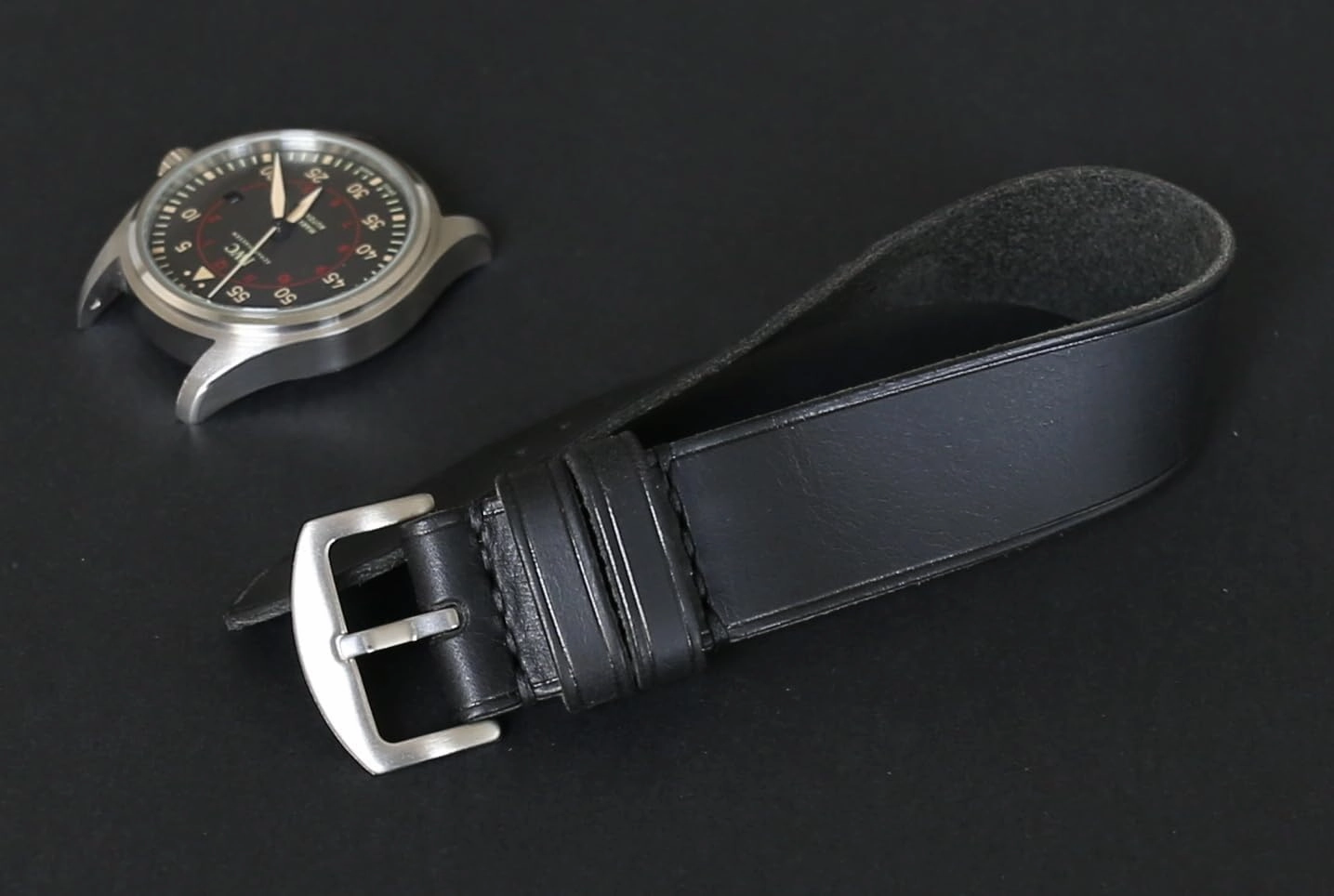 Handmade Black Italian Leather Watch Band – Badalassi Carlo Veg-Tanned Leather, Durable Single-Pass Design, Available in 18mm-26mm