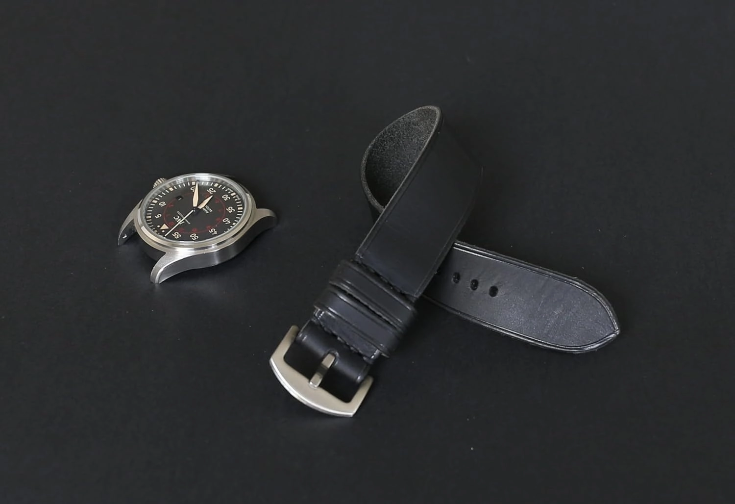 Handmade Black Italian Leather Watch Band – Badalassi Carlo Veg-Tanned Leather, Durable Single-Pass Design, Available in 18mm-26mm