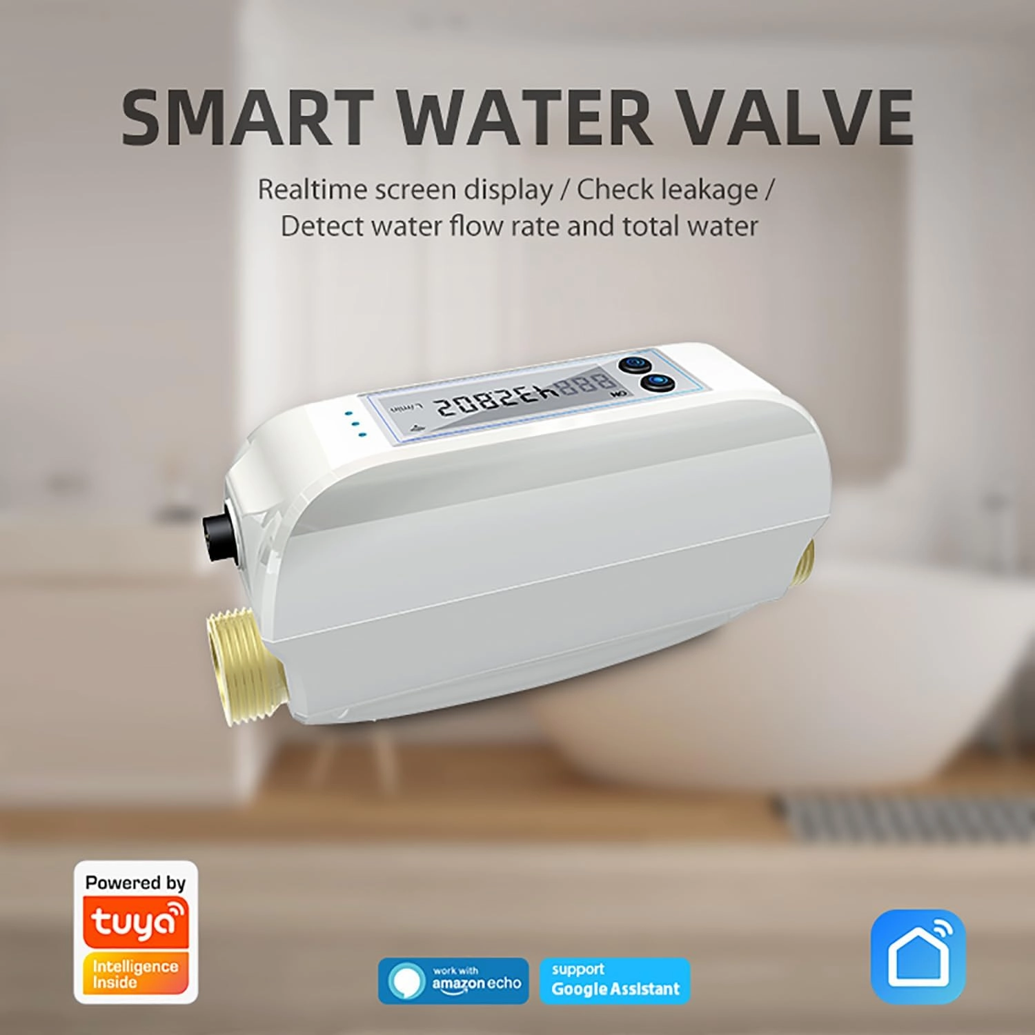 Haozee WiFi Smart Water Valve and Automatic Shutoff,with Wi-Fi Water Leak Detector,Water Flow Meter,Built in Rechargable Battery,for DN20 3/4-Inch Diameter Pipe