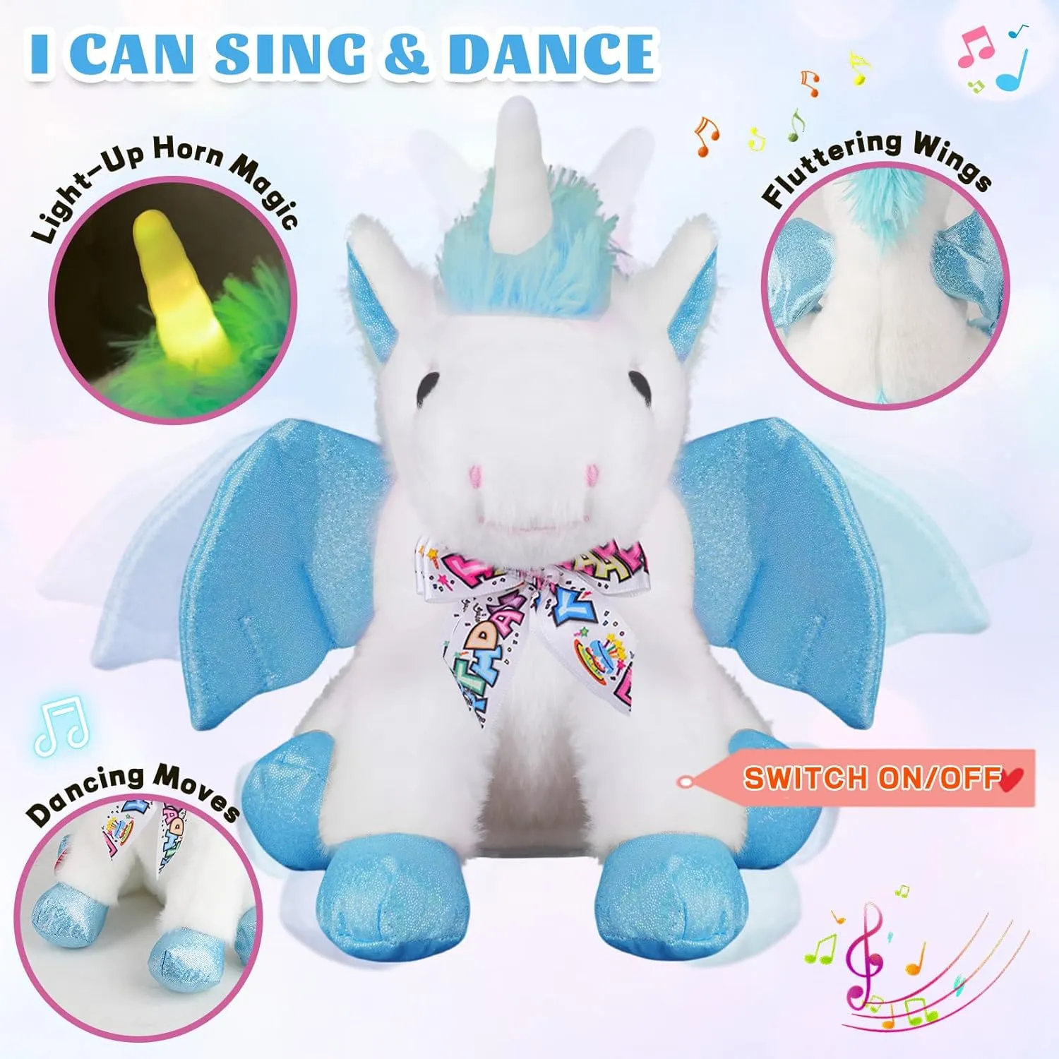 Happy Birthday Gifts Unicorn Plush Toy The Cormers Glowing Singing Happy Birthday Song,Unicorn Stuffed Animail with Moving Wings,Party Gift for Toddlers Boys Girls Kids, 11" Blue
