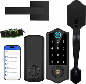 Harfo Fingerprint Smart Door Lock for Front Door with Handle Set, App Control, Keyless Entry Keyless Deadbolt, Digital Electronic Touchscreen Keypad, Auto Lock, Easy to Install, Black
