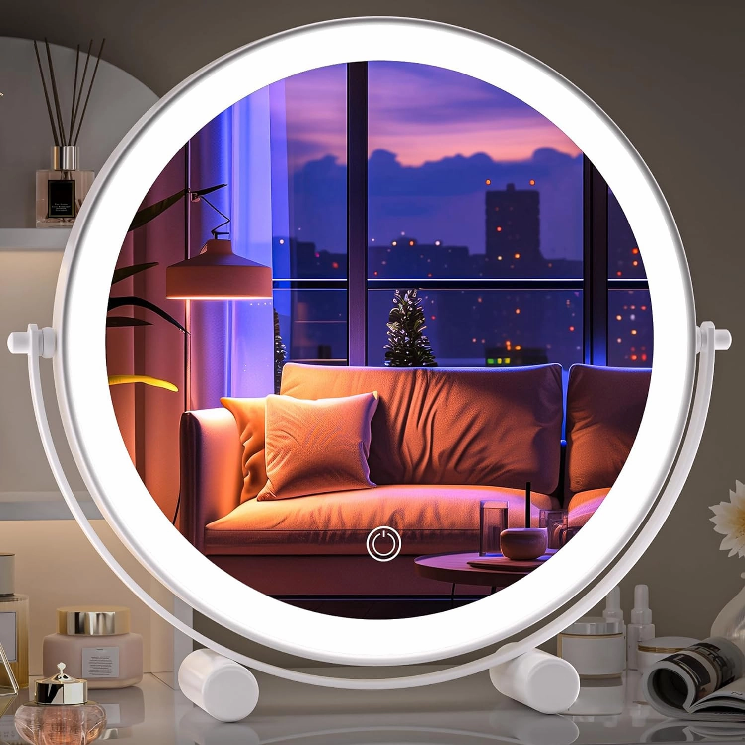 Hasipu 10-inch Lighted Makeup Mirror with Magnification, White Frame Rechargeable 3000 mAh Vanity Mirror with Lights, Desk Mirror with Dimmable Brightness, 3 Lighting Modes