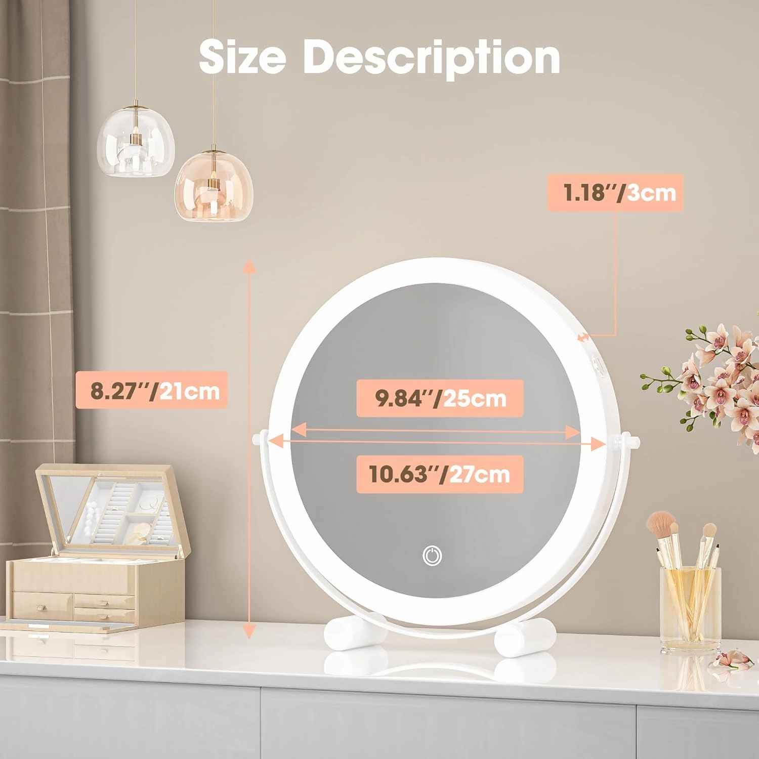 Hasipu 10-inch Lighted Makeup Mirror with Magnification, White Frame Rechargeable 3000 mAh Vanity Mirror with Lights, Desk Mirror with Dimmable Brightness, 3 Lighting Modes
