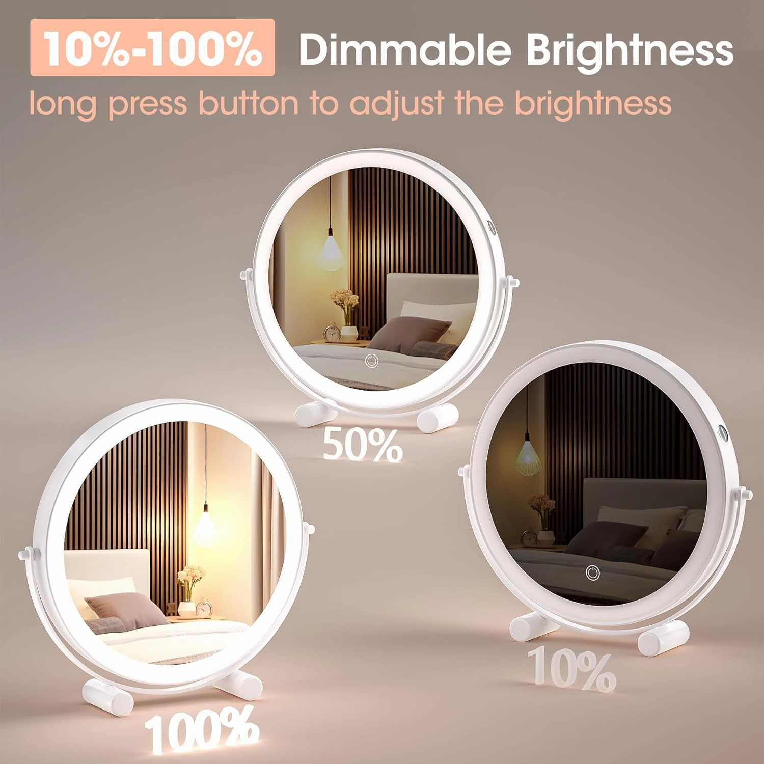 Hasipu 10-inch Lighted Makeup Mirror with Magnification, White Frame Rechargeable 3000 mAh Vanity Mirror with Lights, Desk Mirror with Dimmable Brightness, 3 Lighting Modes