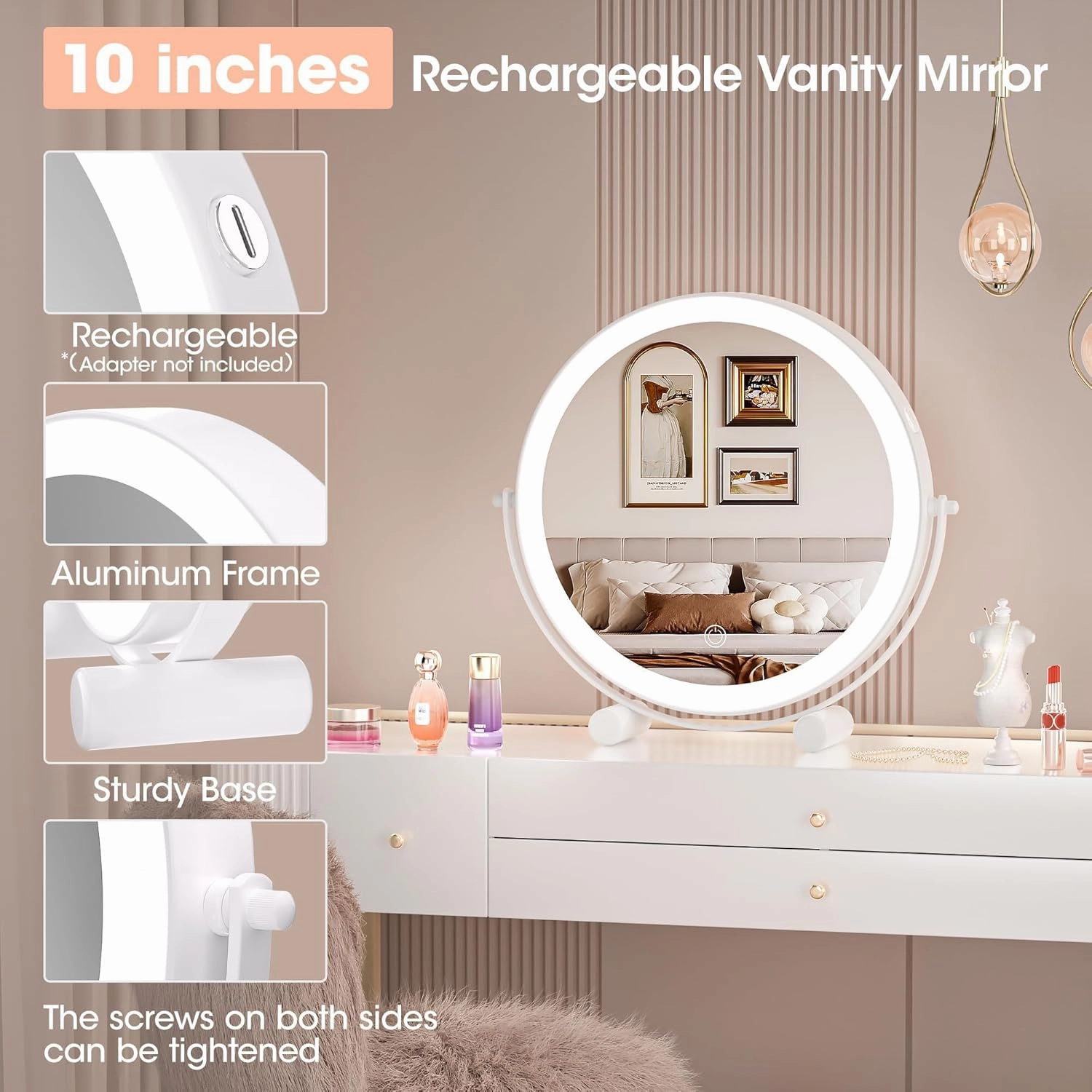 Hasipu 10-inch Lighted Makeup Mirror with Magnification, White Frame Rechargeable 3000 mAh Vanity Mirror with Lights, Desk Mirror with Dimmable Brightness, 3 Lighting Modes