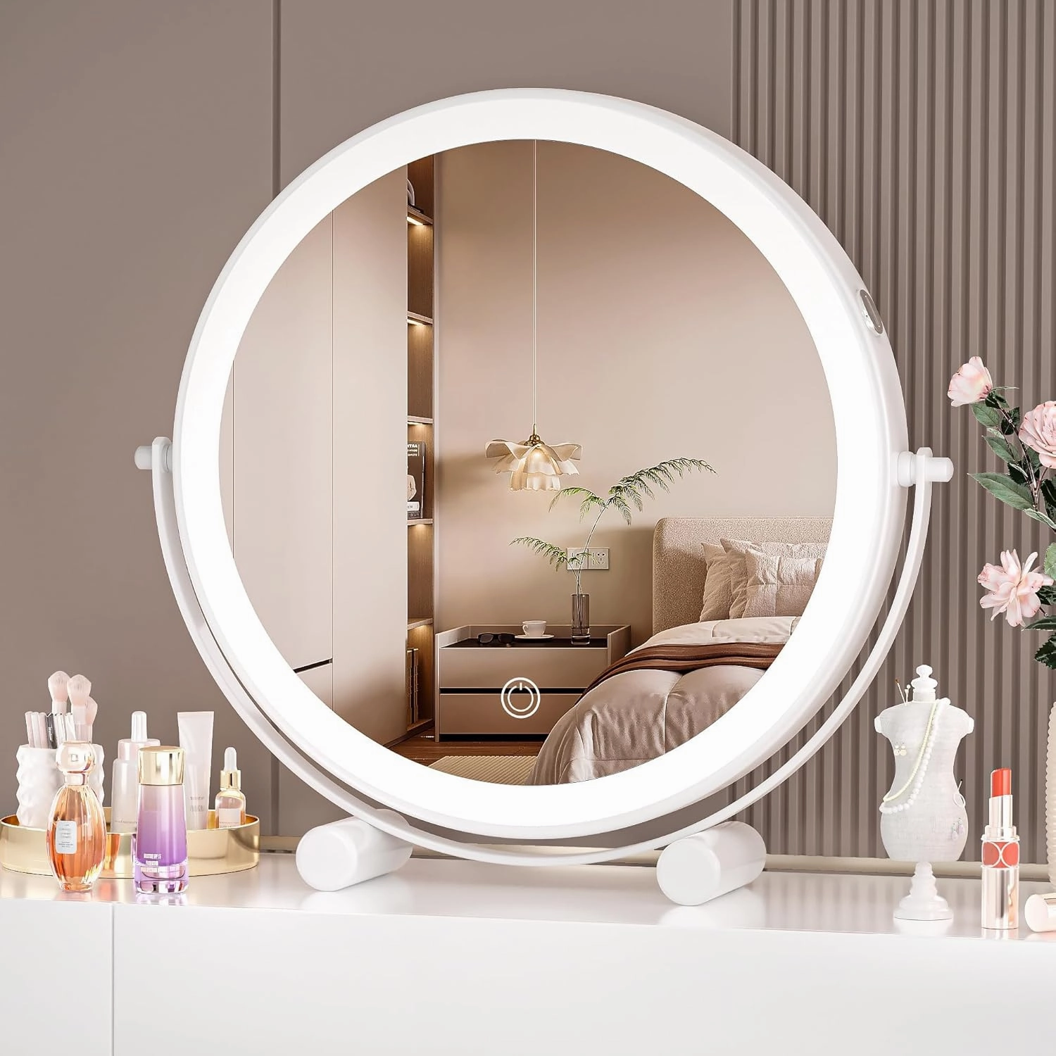 Hasipu 10-inch Lighted Makeup Mirror with Magnification, White Frame Rechargeable 3000 mAh Vanity Mirror with Lights, Desk Mirror with Dimmable Brightness, 3 Lighting Modes