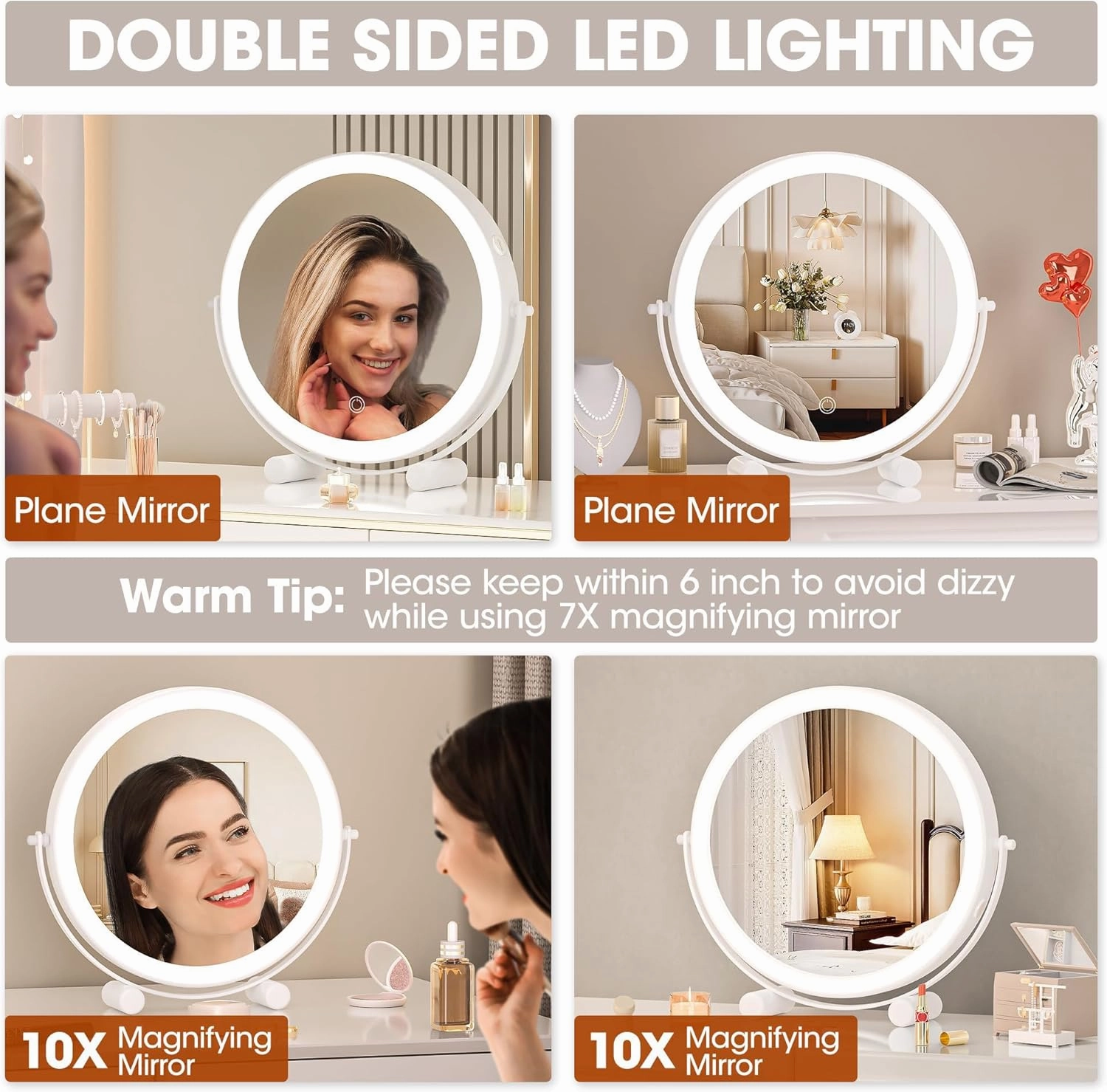 Hasipu 10-inch Lighted Makeup Mirror with Magnification, White Frame Rechargeable 3000 mAh Vanity Mirror with Lights, Desk Mirror with Dimmable Brightness, 3 Lighting Modes
