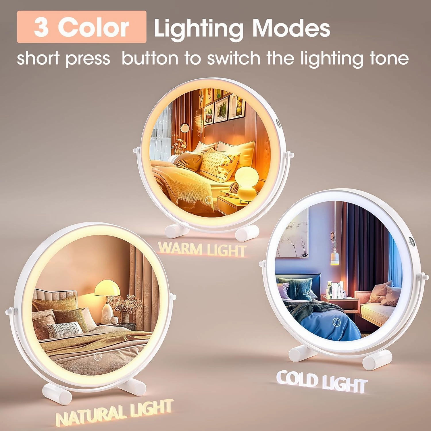 Hasipu 10-inch Lighted Makeup Mirror with Magnification, White Frame Rechargeable 3000 mAh Vanity Mirror with Lights, Desk Mirror with Dimmable Brightness, 3 Lighting Modes