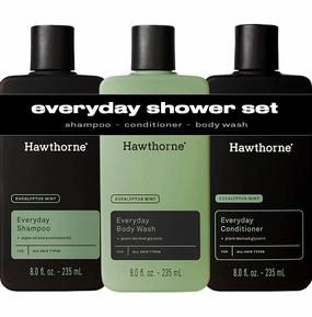 Hawthorne Everyday Shower Starter Set. Includes Everyday Shampoo, Conditioner and Body Wash for a Fresh Daily Clean. Invigorating Eucalyptus Mint Scent. Made with Natural Ingredients. 8 Fl Oz Each.